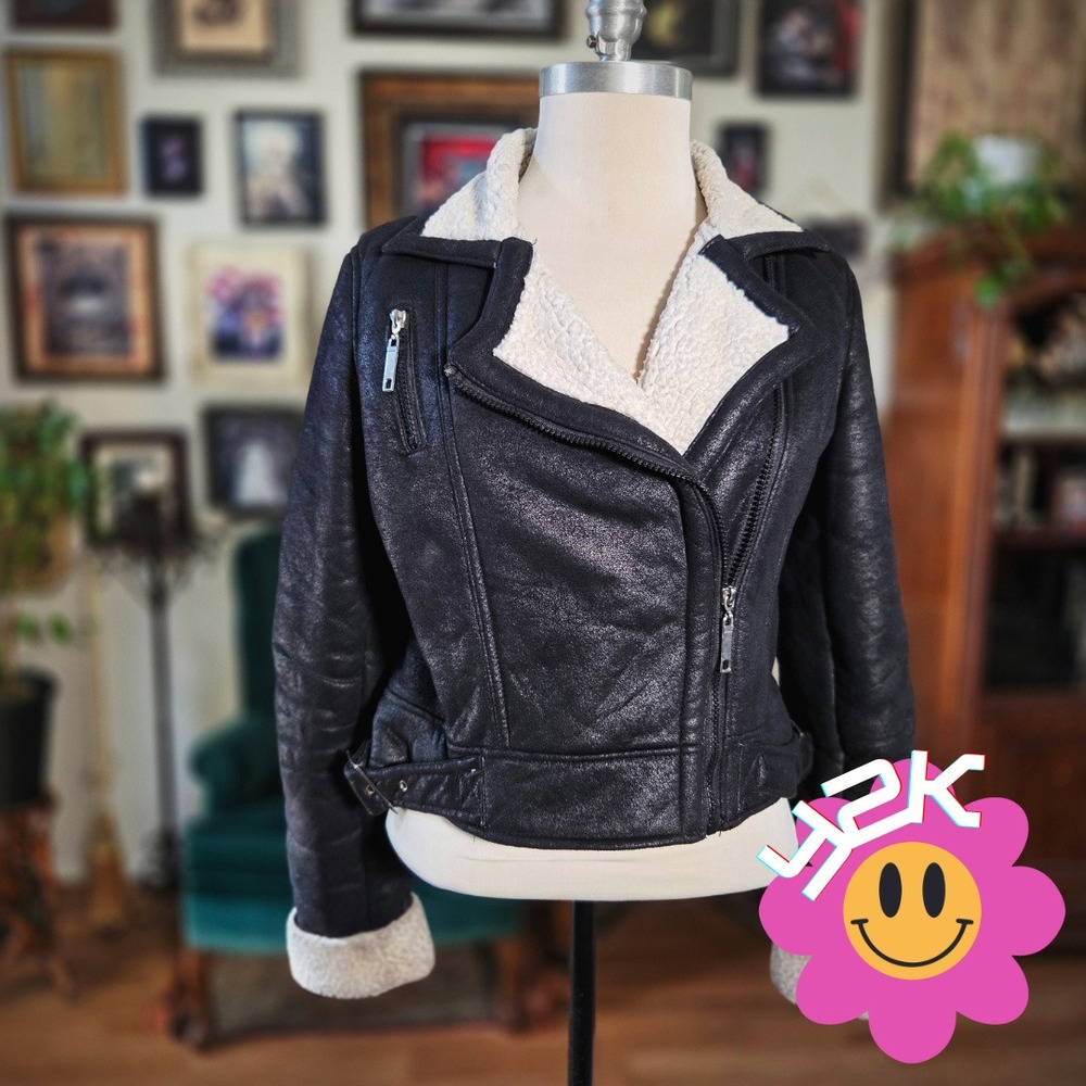 Ashley by 26 International Moto Jacket Faux Leather Sherpa Black Womens Large L